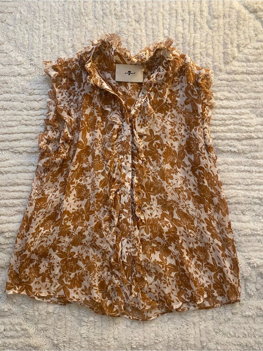 7 For All Mankind Mustard and White Floral Ruffle Sleeveless Blouse